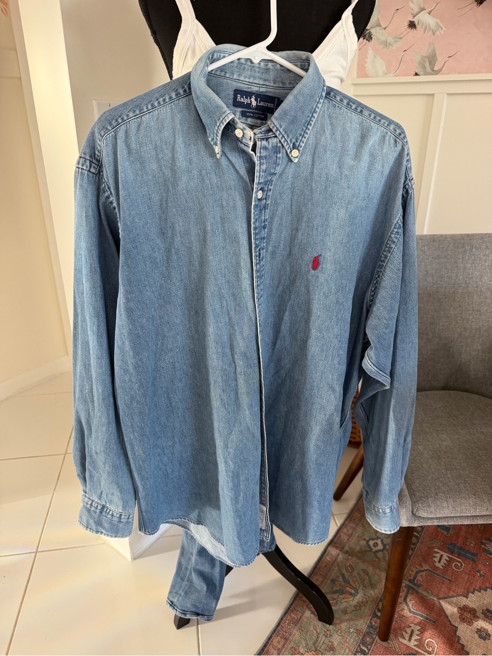 Vintage Ralph Lauren Cotton 90's Blue Denim Button-Up Red Pony Shirt Large